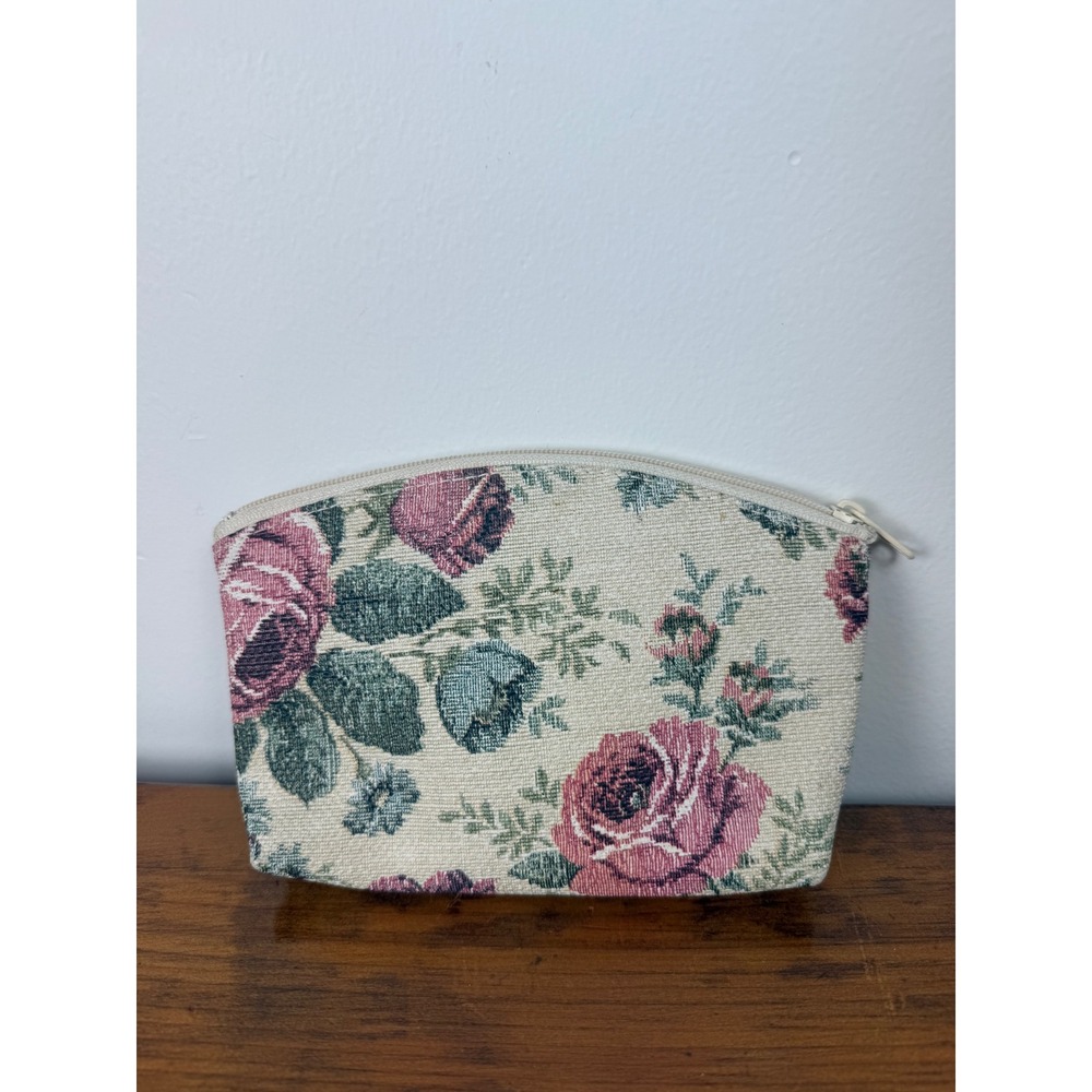 Vintage Floral Tapestry Cosmetic Bag Pink Rose Makeup Pouch Zippered Travel Case